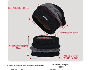 Size chart for knit beanie and scarf set detailing dimensions and acrylic material