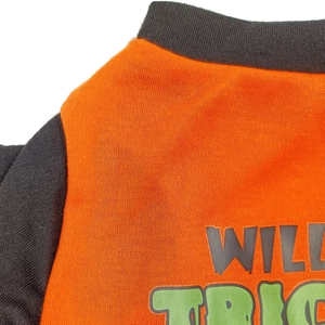 Macro view of orange cotton dog t-shirt with Will Trick print and knit texture