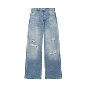 Damen Zerrissene Denim Jeans Hohe Taille Weites Bein Locker Waschblau Distressed Hose Vintage Lässig Baumwolle Trousers