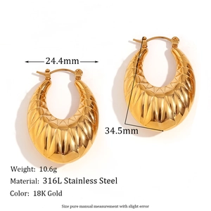 18K gold plated stainless steel hollow oval earrings with geometric ridge texture