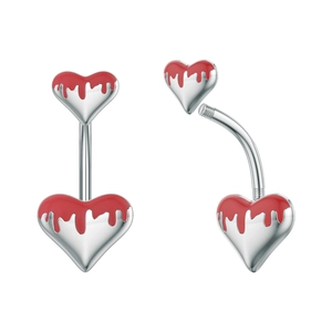 Detail of silver heart belly ring with red dripping oil finish and threaded closure