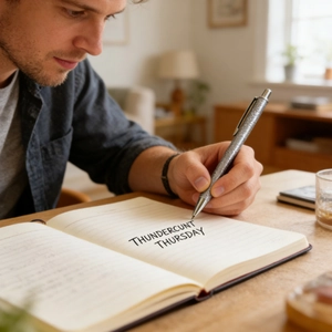 Close-up of a silver glitter retractable ballpoint pen being used for writing on a notebook