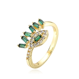Adjustable gold plated eye-shaped ring with green emerald-cut cubic zirconia crystals