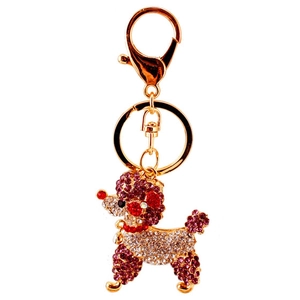 Funkelnder Kristall-Pudel-Schlüsselanhänger in Gold mit roten und rosa Strasssteinen