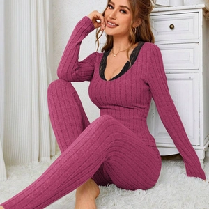Women's rib-knit pajama set with U-neck lace trim in deep magenta long sleeve style