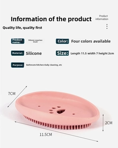Detailed size chart for pink silicone soap holder with built-in cleaning brush bristles