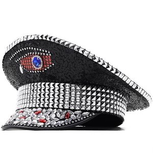 Captain Hat Black Sequins Rhinestone Studded Rivets Eye Motif Stage Performance Party Costume Accessory Punk Style