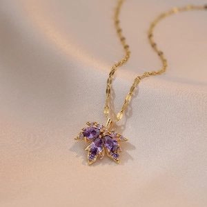 Titanium steel necklace with purple zircon maple leaf pendant and gold chain