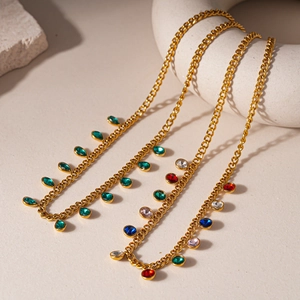 Gold stainless steel sweater necklace with colorful teardrop and round gemstones