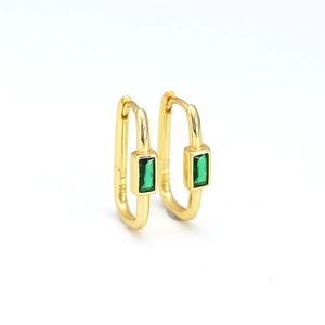 Gold plated S925 silver U-shaped hoop earrings with rectangular green zircon stone