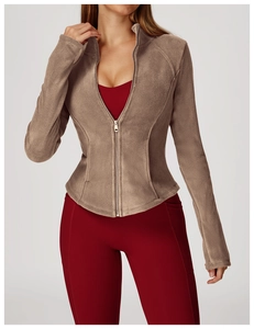 Close-up of a khaki fleece jacket with a high collar and full zipper for outdoor warmth