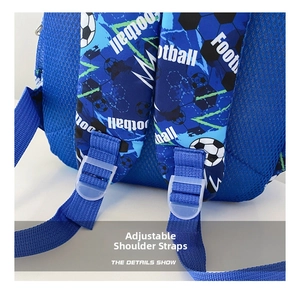 Detail of adjustable breathable mesh shoulder straps with football print on blue kid backpack