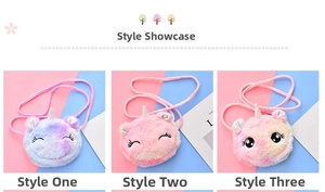 Three colorful plush unicorn crossbody bags with gradient fur and cute facial expressions