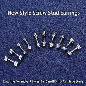 Geometric Stud Earrings 925 Sterling Silver Screw Back Cartilage Piercing Minimalist Daily Jewelry For Women Men