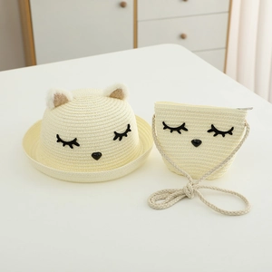 Set cappello di paglia e borsa a tracolla per bambini con orecchie di gatto e ricamo