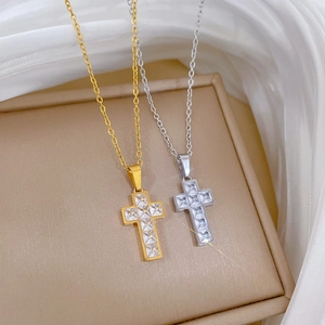 Luxurious titanium steel cross necklaces with zircon in gold and silver finishes