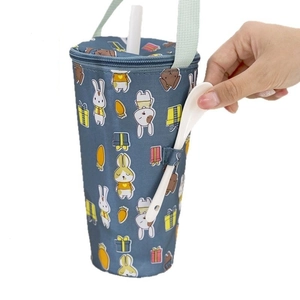Portable blue fabric milk tea cup sleeve with cartoon rabbit pattern and spoon holder