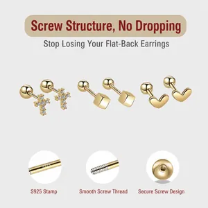 S925 sterling silver gold stud earring set with cross heart square zircon and screw backs