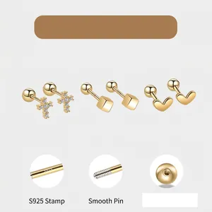S925 sterling silver gold stud earring set with cross heart square zircon and screw backs