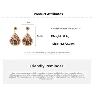 Detailed view of teardrop zircon earrings with dimensions 4.5cm by 2.9cm and copper base