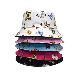 Double-sided colorful butterfly print bucket hats for sun protection in five colors
