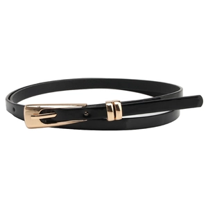 Elegant slim black leather waist belt with polished gold alloy buckle for women dress