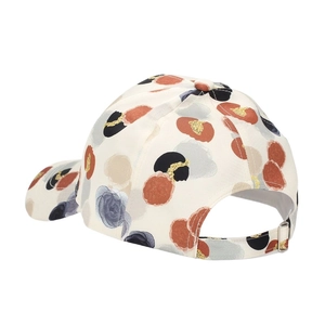 Detail view of the floral print baseball cap with metal buckle and adjustable back