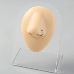 Rainbow stainless steel star nose ring stud displayed on a silicone model with a clear stand