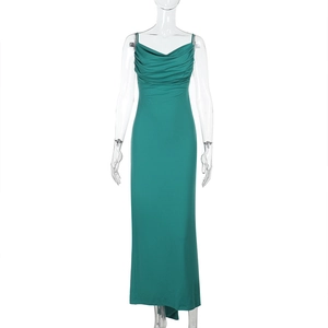 Close-up detail of the elegant cowl neck design on a slim-fit dark green long maxi dress