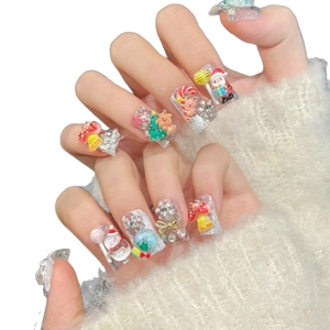 Unghie finte 3D fatte a mano a tema Babbo Natale e pupazzo di neve su base glitter argento