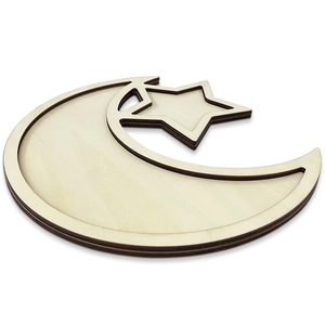 Moon and star shaped wooden tray for Ramadan festive home tabletop decoration