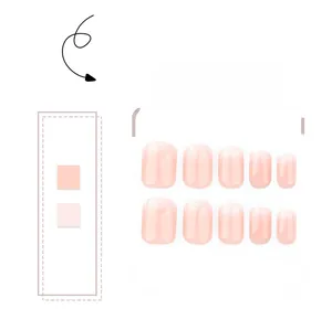 Detail view of 10-piece set of nude pink gradient press-on nails in a short square shape