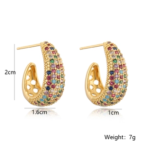 Detail view of gold C-shaped earrings with colorful pave zircon stones and dimensions