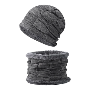 Winter Warm Knitted Hat And Neck Warmer Fleece Lined Checkered Pattern Ribbed Thick Outdoor For Men Women