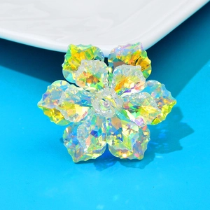 Macro detail of a crystal flower brooch with iridescent AB coating and multi-faceted petals