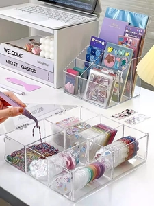 Macro detail of transparent acrylic desk organizer with hand using tweezers for storage