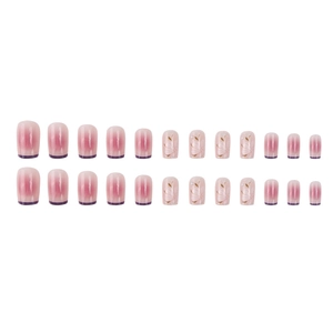 Faux ongles dégradé rose avec pointes French violettes, fleurs dorées et mini perles