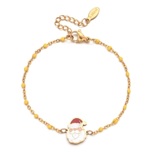 Detail of Christmas Santa charm on golden stainless steel beaded bracelet with lobster clasp