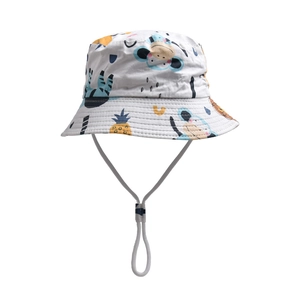 Detail of kids sun hat with colorful animal and fruit print and adjustable chin strap