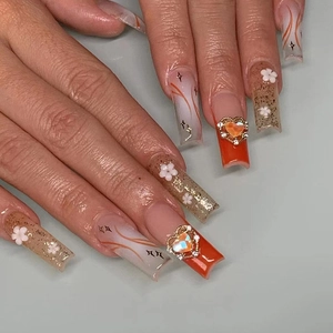 Press On Nails Orange Red Jelly Ballerina Heart Rhinestone 3D Flower Gradient French Artificial Fingernails For Women