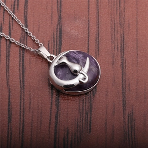 Natural amethyst moon cat pendant necklace in silver tone with elegant cable chain