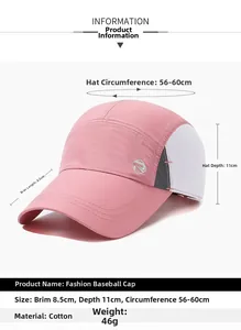 Detailed 5-panel pink baseball cap diagram with measurements and breathable mesh side panels