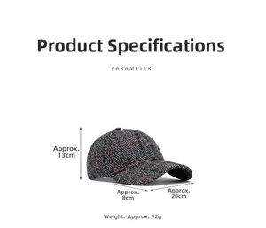 Detailed dimensions of a grey tweed plaid baseball cap with 8cm brim and 13cm height