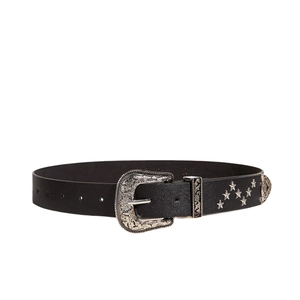Western punk style black leather belt featuring silver star studs and carved buckle