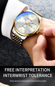Detail of silver-gold steel quartz watch with white sunray dial and dual calendar