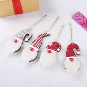 Set of 4 Christmas gnome wooden pendants with white faux fur beards and rustic twine loops