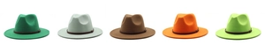 Flat lay of five colorful wool fedora hats with narrow leather bands and wide brims
