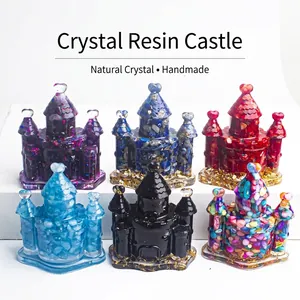 Natural Crystal Gravel Resin Castle Ornament Fairy Tale Figurine With Gold Foil Desktop Home Office Decoration Gift