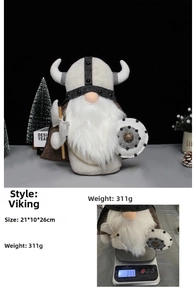 Detail view of a Viking gnome with horned helmet, plush beard, and axe for decor