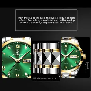 Detail of green sunburst dial on stainless steel watch with day-date window display